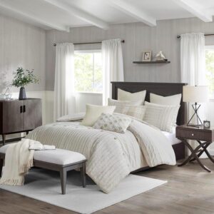 Ivory color King Essence Oversized Cotton Clipped Jacquard Comforter Set with Euro Shams and Throw Pillows.