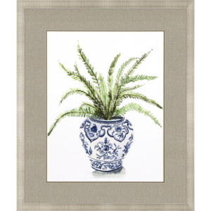 Ferns in a blue and white traditional vase feature premium matting. Framed in a champagne gold finish block contemporary moulding.