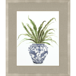Ferns in a blue and white traditional vase feature premium matting. Framed in a champagne gold finish block contemporary moulding.