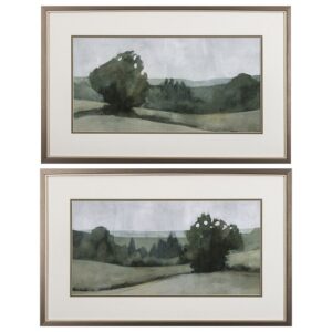A set of two green landscape prints that are double matted, framed under glass and paired with a bronze and silver metallic frame.