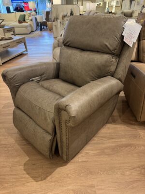 B3871-50L 659-82 Flexsteel Bernard Mushroom Leather Power Recliner with Power Headrest & Lumbar (Antique Bronze Nailheads)