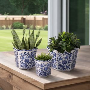 20229-01 Sagebrook Set of 3, Blue Chinoiserie Dahlia