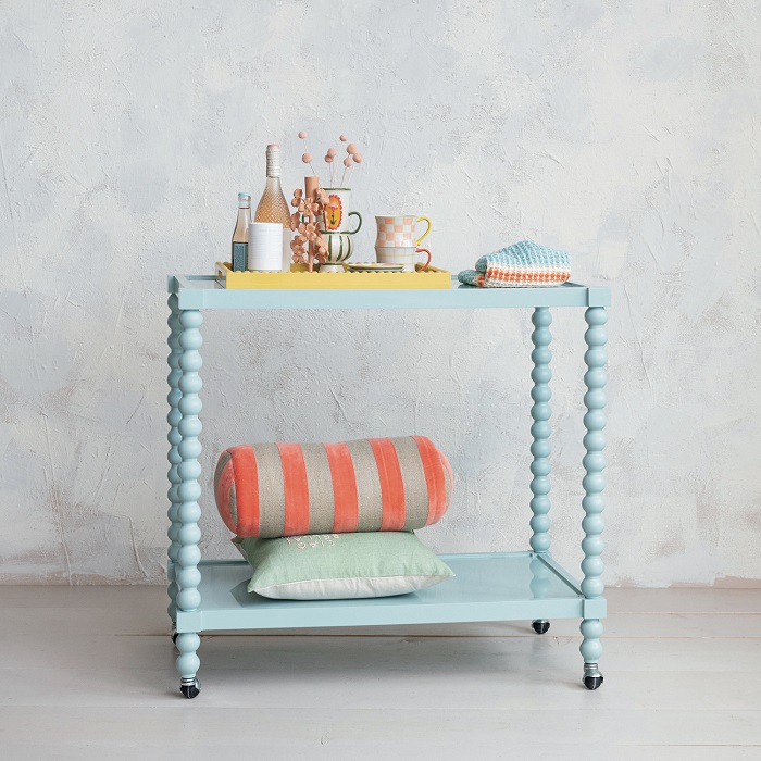 DF9371 Rubberwood Lacquered 2-Tier Bar Cart on Casters, Blue 36x34"