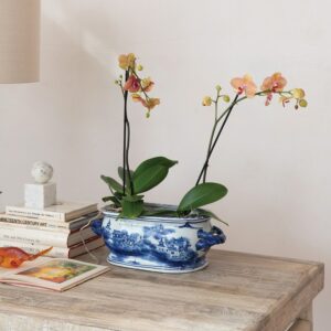DG1361 Creative Co-Op Oval Hand-Painted Stoneware Vintage Reproduction Planter w/ Landscape & Handles