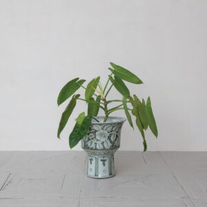 14" Round x 14"H Hand-Painted Stoneware Footed Planter w/ Floral Design, Green & White (Holds 12" Pot)